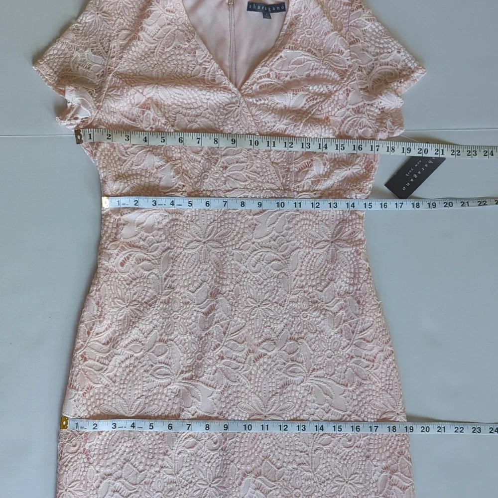 NWT Sharagano NY Azalea Faux Wrap Floral Lace Scalloped Midi Dress 8 Pink Mirage - Picture 13 of 16